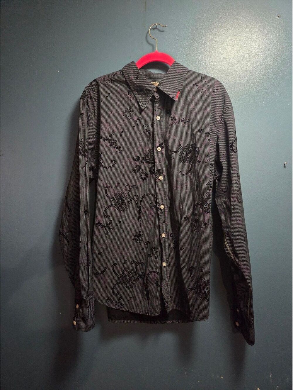 Vintage Red XL Velvet Flocked Floral Pinstripe Button Shirt Y2K Grunge Western